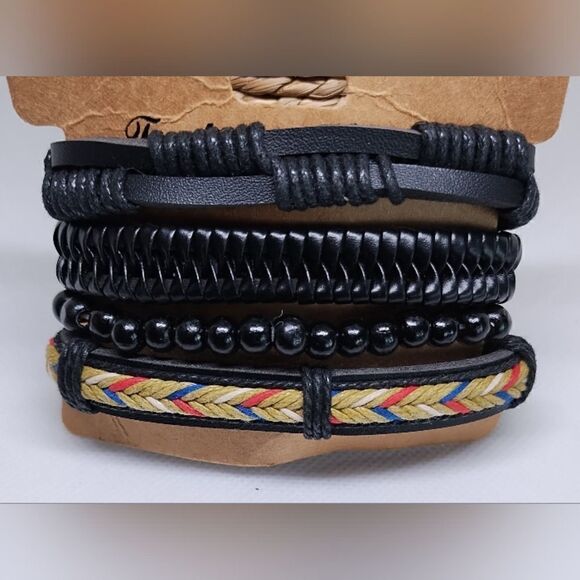 Men's leather bracelets set 4pc layered braided black new e3 - Picture 1 of 1